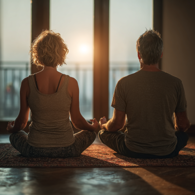 Група літніх людей займається йогою